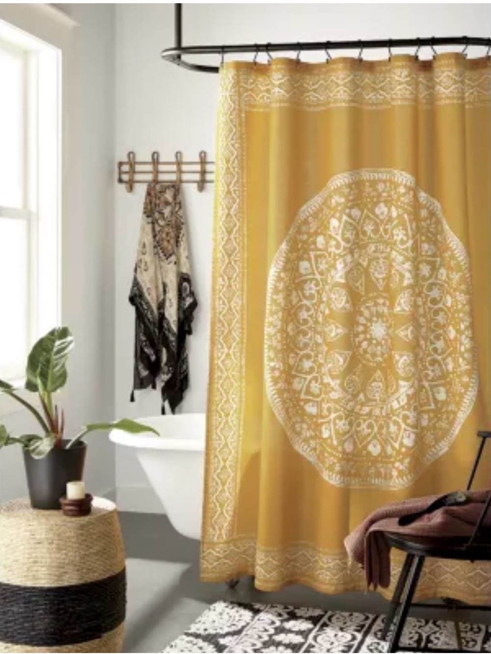 Yellow Medallion Shower Curtain - Boho Bathroom Accent